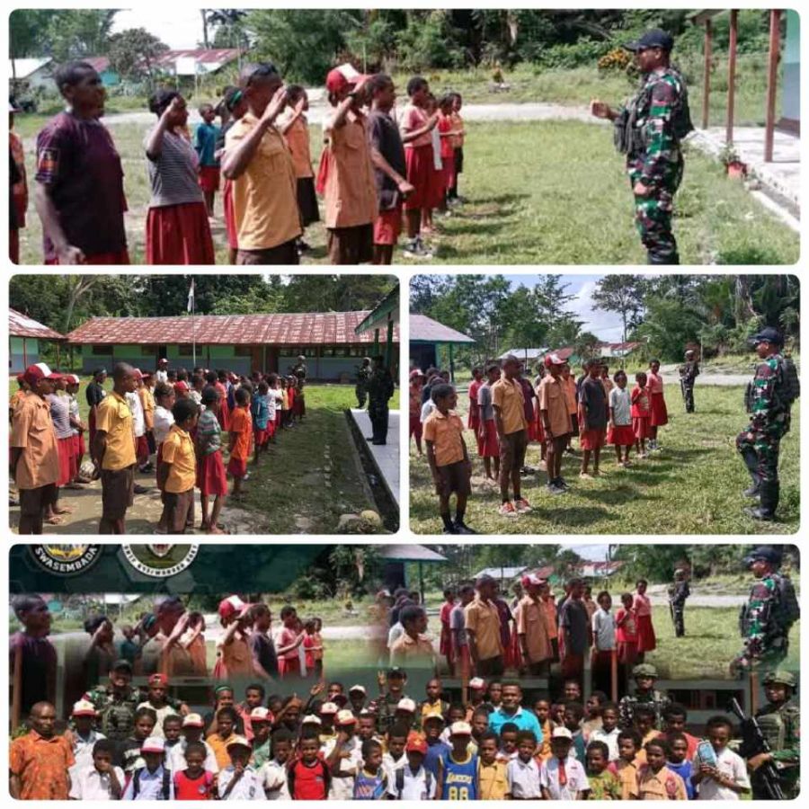 Satgas Pamtas RI-PNG Statis Yonif 643/Wns SD Inpres Baris-Berbaris dalam Rangka Upacara Bendera